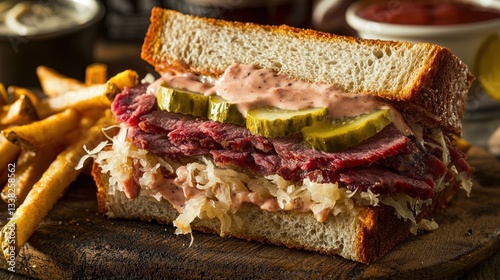 Hearty reuben sandwich on wooden board with golden french fries for flavorful lunch in classic diner style cuisine