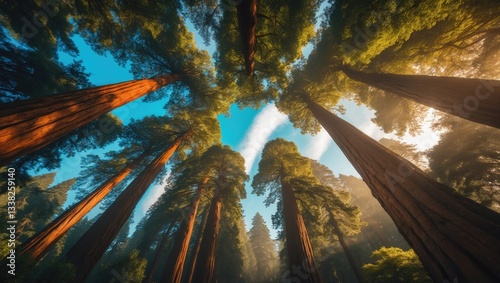 Upward perspective of redwood trees gazing up Avenue of the Giants.