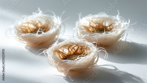 Edible bird's nests positioned against a white background. photo