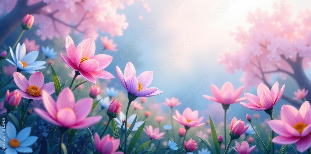 Whimsical flowers bloom in a dreamy garden amidst soft pink purple blue and white hues, dreamy, floral Whimsical flowers bloom in a dreamy garden amidst soft pink purple blue and white hues, dreamy, floral