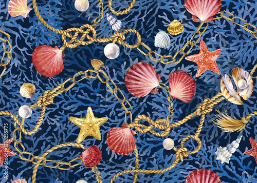 Watercolor marine pattern with gold chains, ropes, red and yellow starfish, shell