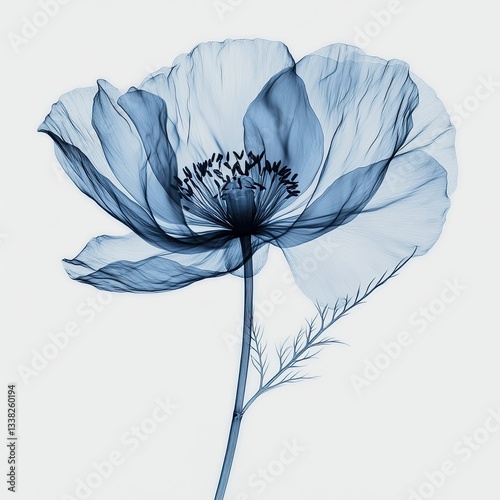 X-ray image of a poppy flower in blue on a white background