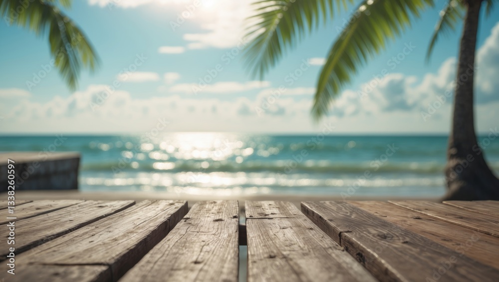 Fototapeta premium Empty wooden pier or table with sunny beach and sea in the background.