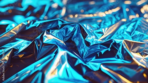 Blue metallic foil shiny texture, crumpled wrapping paper for background and design artwork. photo