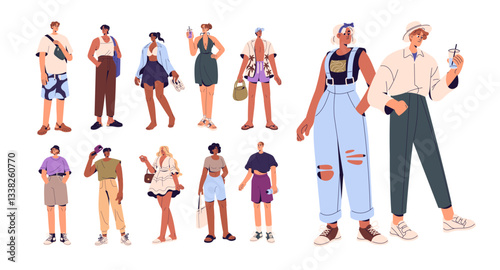 Set of people in summer outfits. Diverse men and women are wearing stylish clothes for hot weather. Happy boys and girls are in fashion looks. Flat isolated vector illustrations on white background.