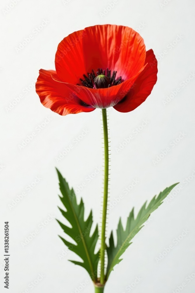 Fototapeta premium Single poppy flower on white background with stem, nature, bloom