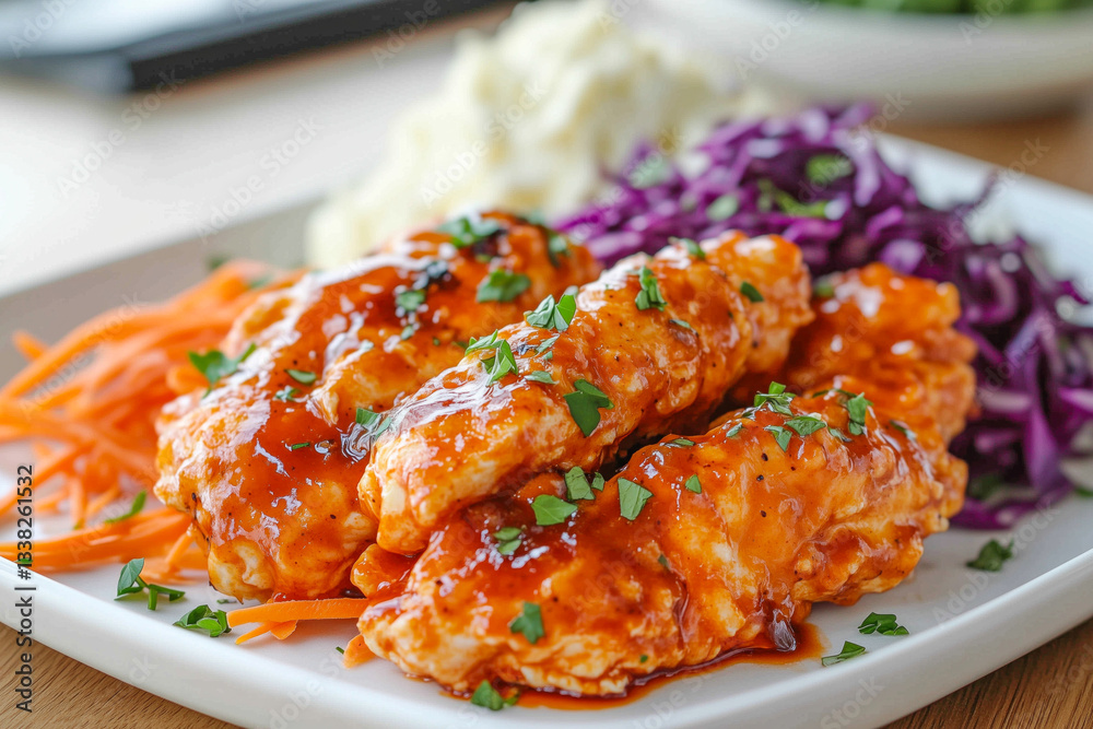 Buffalo-style chicken tenders with a side of fresh veggies and rice Buffalo-style chicken tenders with a side of fresh veggies and rice