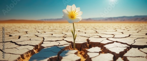 Flower emerging in a drought-stricken desert, horizontal photo.