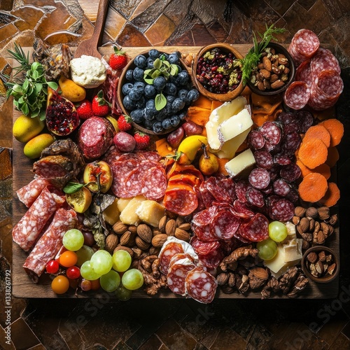 Fototapeta Naklejka Na Ścianę i Meble -  Rustic charcuterie board with salami cheese fruits and nuts on a wood surface food photography