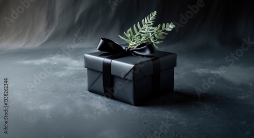 Festive black present wrapped in paper with ribbon on a dark surface. Empty space. Close-up. Gift.