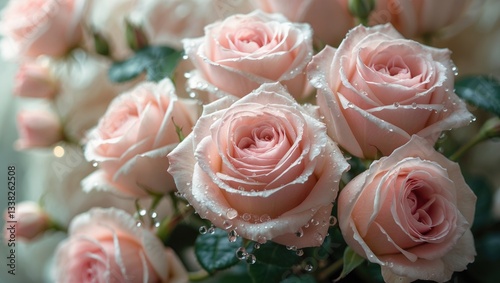 Enchanted soft pink roses with water droplets in macro view. Beautiful rose blooms, still life composition, design. Delicate floral backdrop.