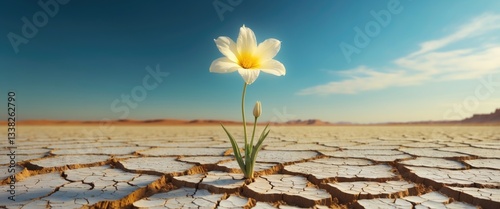Flower growing in a drought-stricken desert, horizontal photo
