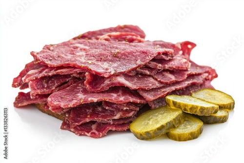 Delicious corned beef sandwich with rye bread and sliced pickles on a white background tasty dish