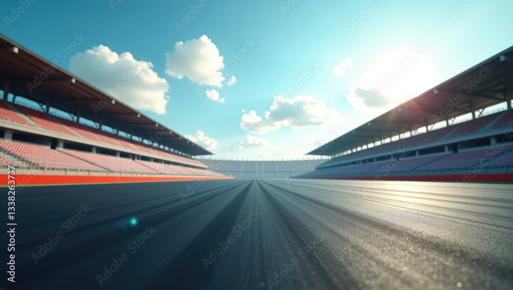 A striking, vacant racing track beneath a clear sky, flanked by spectator seats. The tranquility contrasts with the lively anticipation in the atmosphere, as though awaiting the event to commence. A striking, vacant racing track beneath a clear sky, flanked by spectator seats. The tranquility contrasts with the lively anticipation in the atmosphere, as though awaiting the event to commence.