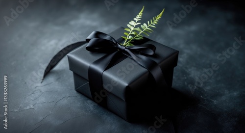 Festive black present wrapped in paper with ribbon on a dark surface. Space for text. Close-up. Gift.