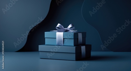 Two Luxury gift boxes adorned with a bow on a dark blue background. Monochrome side view. Gift for him. Concept for corporate gifts or birthday celebrations. Festive sale banner with copy space. photo