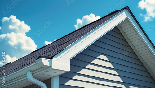 White frame gutter guard system featuring gray horizontal vinyl siding fascia, drip edge, and soffit on a sloped roof attic in a high-end single-family home neighborhood.