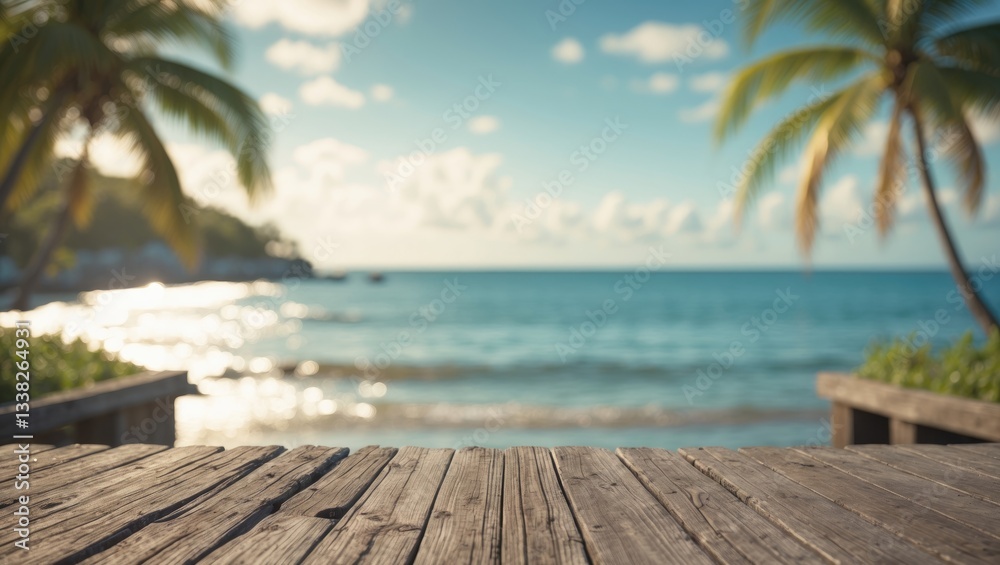 Fototapeta premium Empty wooden pier or table with a sunny beach and ocean in the background.