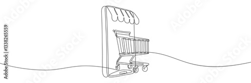 Continuous one-line drawing vector illustrating a smartphone with a shopping cart, symbolizing online shopping, e-commerce, and digital retail transactions