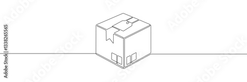 Minimalist Line Art of a Shipping Package. Continuous line drawing of a sealed cardboard box with labels and a tag, symbolizing delivery, and logistics