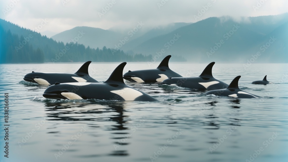 Fototapeta premium Pod of Northern Resident Killer Whales Orcas. A large group of male, female, and calves of the Endangered Orcas. Distinctive male dorsal fins and eye patches.