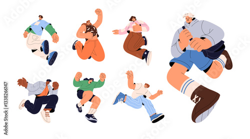 Happy people jumping for joy set. Diverse girls and boys have fun, leaping, hands up, gesturing. Young men and women rejoice for success, win, victory. Flat isolated vector illustrations on white.