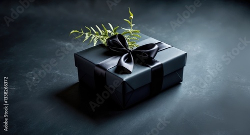 Festive black present wrapped in paper with ribbon on a dark surface. Close-up. Copy space.