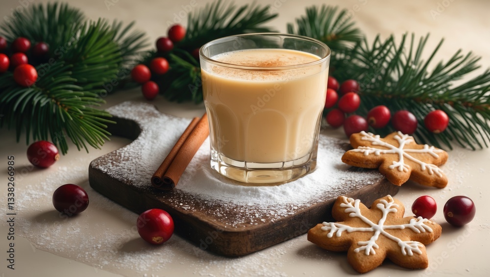 Egg punch, a Christmas liqueur. Concept of a holiday drink featuring gingerbread, cinnamon, chocolate, and festive decor, with a selective focus.