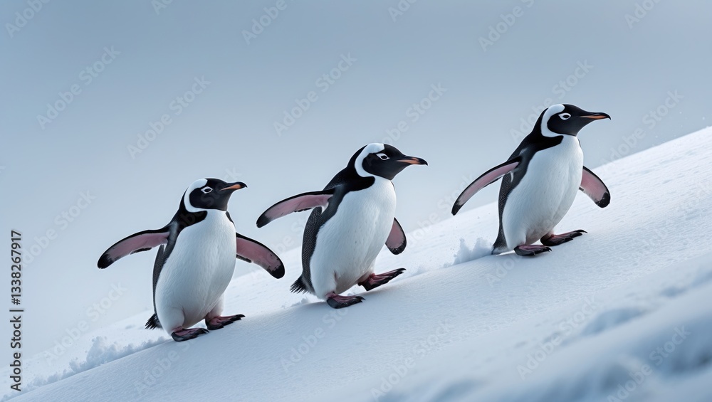 Obraz premium Three Chinstrap penguins glide down a snowy slope.