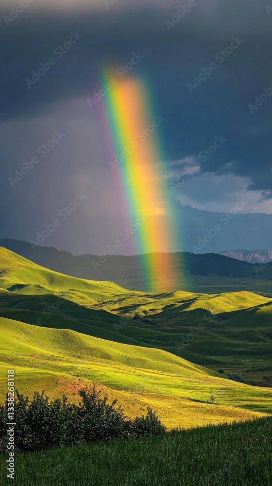 Naklejka premium Vibrant rainbow forming over rolling green hills, rainbow arcing over lush green hills. Vertical