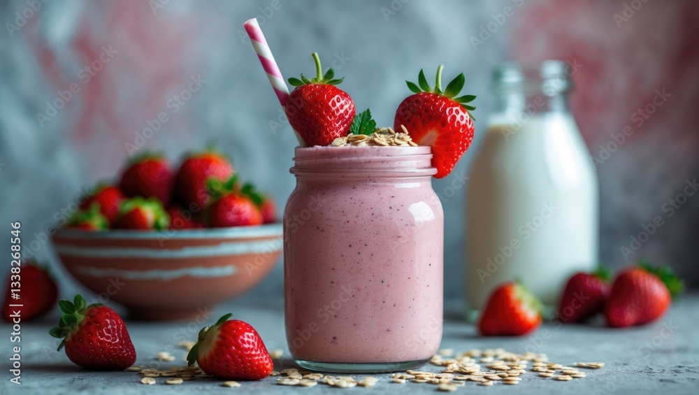 Strawberry smoothie or milkshake featuring berries and oatmeal in a glass jar on a concrete surface. Healthy vegetarian drink. Close-up view. Selective focus. Strawberry smoothie or milkshake featuring berries and oatmeal in a glass jar on a concrete surface. Healthy vegetarian drink. Close-up view. Selective focus.