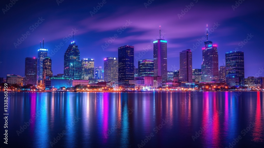 Fototapeta premium Night Cityscape Skyline Reflection on Calm Water Stunning Urban Nightscape Vibrant Colors Illuminating Modern Architecture