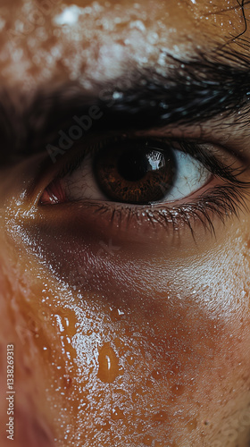 close-up of a sweating beautiful male face with brown eyes Generative AI	
