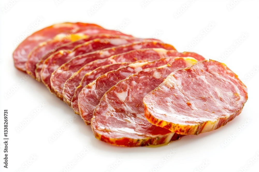 Fototapeta premium Delicious and flavorful dry cured sausage slices on white background studio shot offering appetizing aroma and fresh color