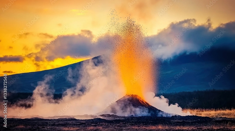 Erupting volcano at sunset Erupting volcano at sunset