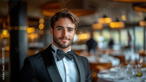 An elegant young male waiter in a tuxedo with a bow tie stands confidently in a modern restaurant