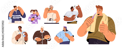 People brush teeth set. Men, women and kids care about oral hygiene, dental health with toothbrush, toothpaste and mouthwash at morning routine. Flat isolated vector illustrations on white background.