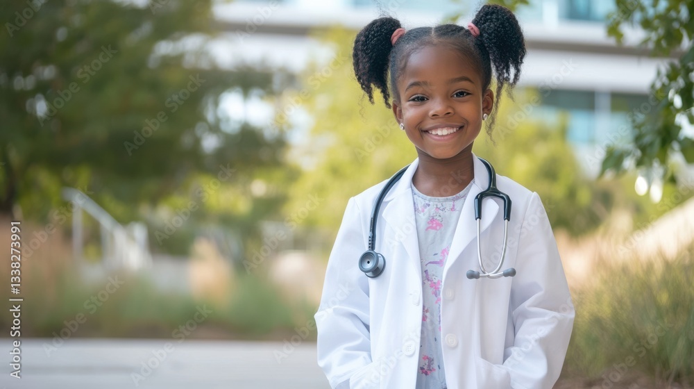 Fototapeta premium Young girl wearing a white lab coat and a stethoscope