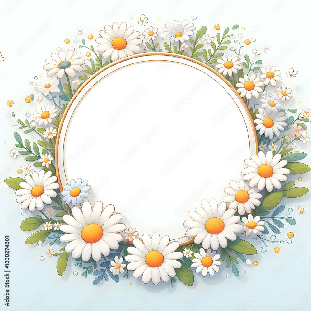 Beautiful white daisies forming a round frame with copy space