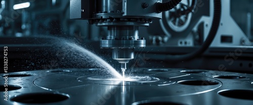 Water jet industrial machine utilizing high pressure to cut steel plate. Computer-controlled metalworking device using water jet technology for metal cutting. photo