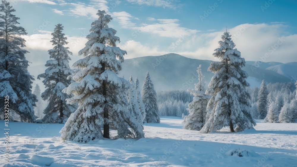 Naklejka premium Scenic view of spruce trees on a frosty day, portraying a calm wintry landscape. An excellent image of a natural area. Discover the beauty of Earth. Concept of tourism.
