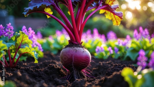 The beetroot is the taproot section of the beet plant, thriving in the sunny vegetable garden.