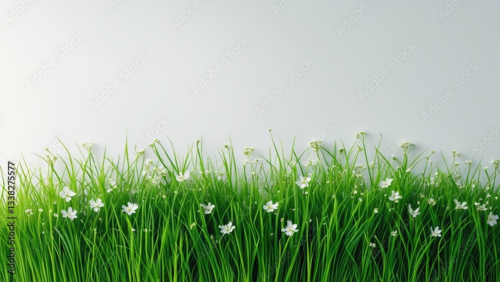 Fototapeta premium The green grass and white flowers stand out against a white background.