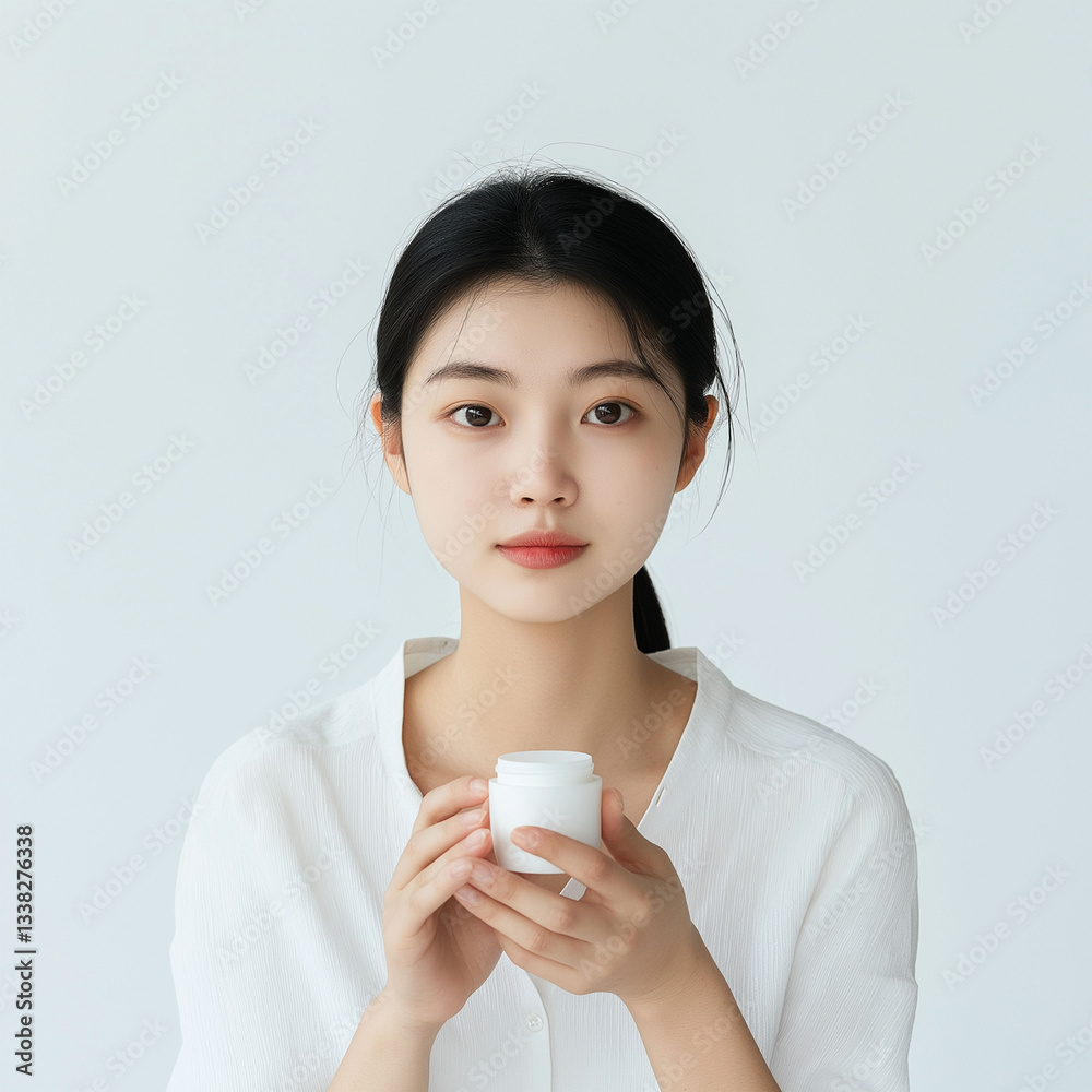 Radiant Asian Woman Holding Organic Face Cream | Skin Care Concept on White Background Radiant Asian Woman Holding Organic Face Cream | Skin Care Concept on White Background