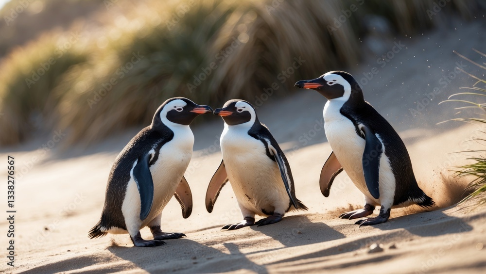 Obraz premium Three Magellanic penguins playing and slipping while ascending a sandy slope.