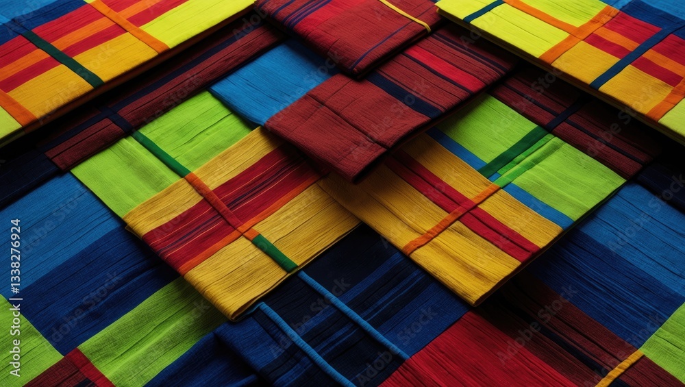 Fototapeta premium Fashion featuring a colorful square fabric pattern background.
