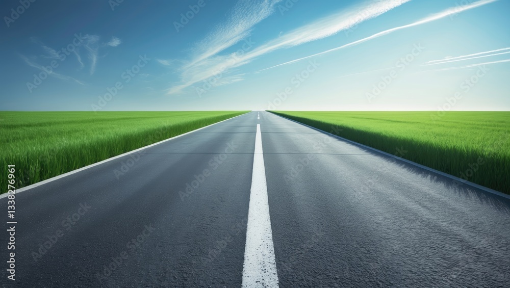 Fototapeta premium Asphalt road devoid of traffic traversing a green grass field. Set against a white background.