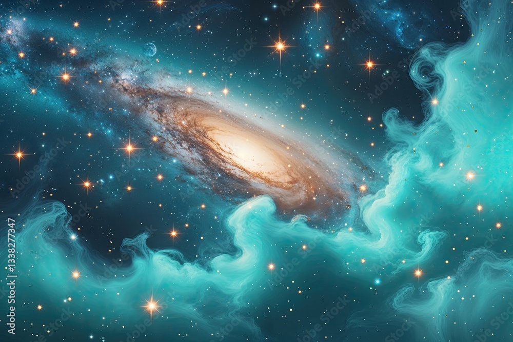 Fototapeta premium Stunning Turquoise Galaxy Featuring Bright Stars and Luminous Cosmic Fogs