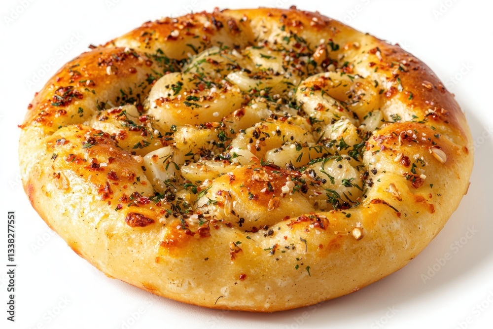 Savory Garlic Focaccia Bread Topped with Herbs and Spices a Culinary Delight on White Backdrop Delicious Italian Staple Savory Garlic Focaccia Bread Topped with Herbs and Spices a Culinary Delight on White Backdrop Delicious Italian Staple