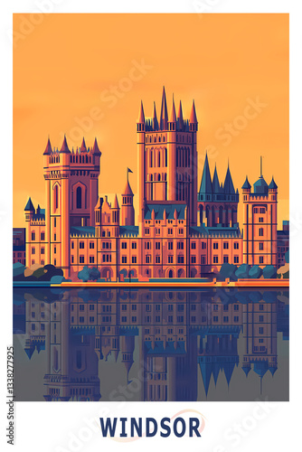 Windsow Castle, UK heritage landmark illustrated poster in retro style. Vintage travel booklet, postcard, print, cover with palace, royal residence, old building photo